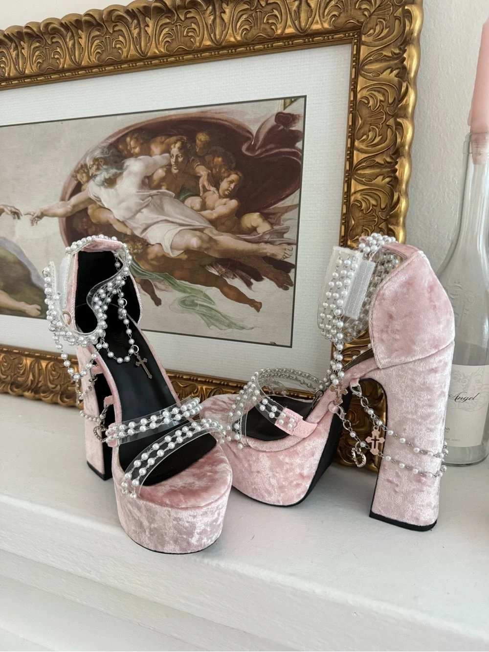 Crystal-Embellished Pink Velvet Platform Heels - Women